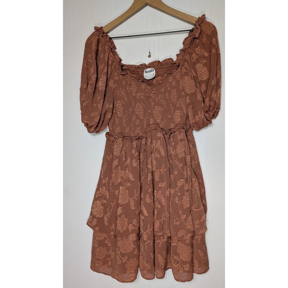 Arula Smocked Pink Puff Sleeve Tiered Dress Floral Textured Size S